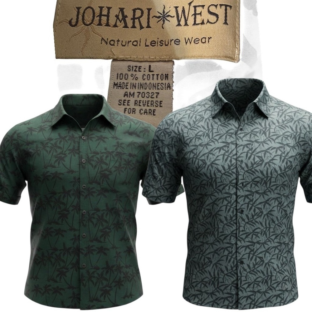 Johari West Button Up Shirt Mens L Green Grey LOT OF 2 Batik‎ Palm Bamboo Cotton